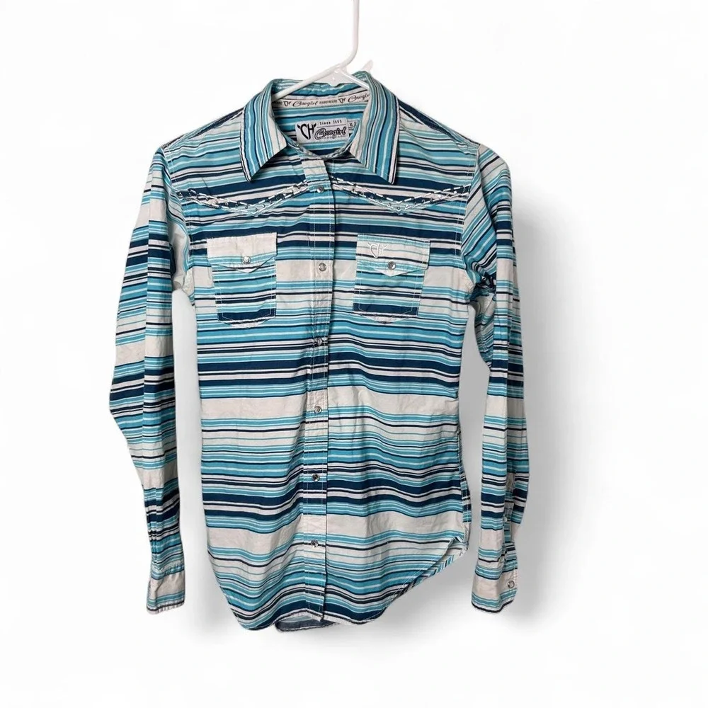 Cowgirl Hardware youth girls XL Western Snap Shirt Teal Blue Stripe Rhinestone